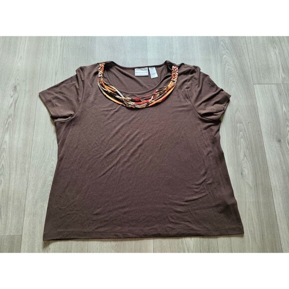 Alfred Dunner Womens Brown Short Sleeve Top Multi-Color Neckline Trim Size L - Picture 5 of 8